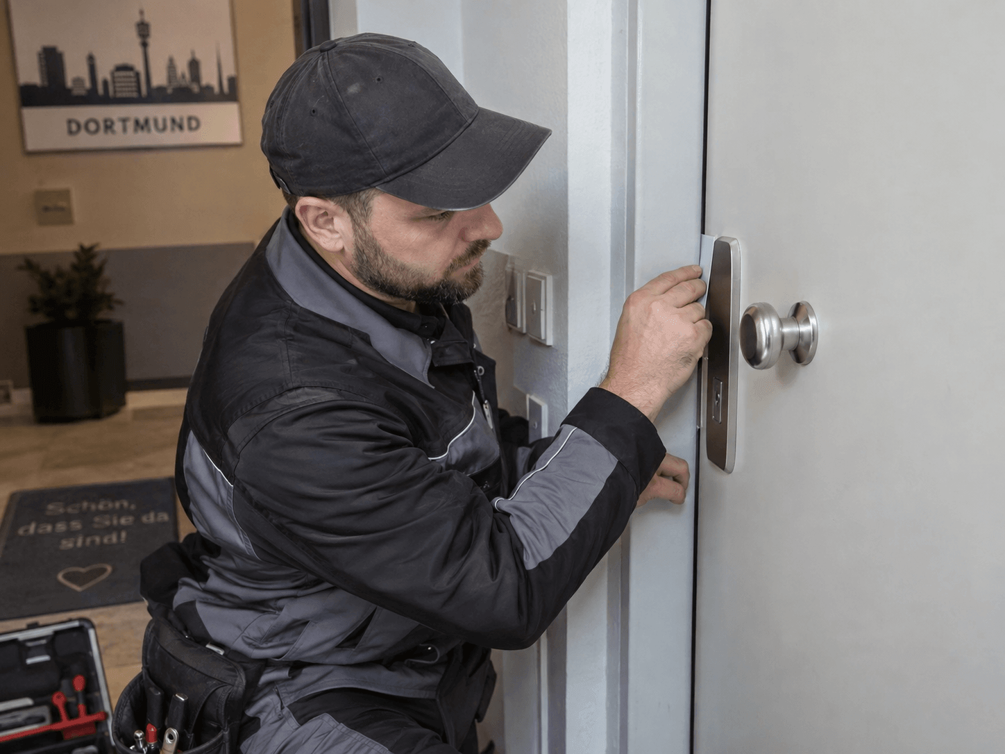 Monteur des Schlüsseldienstes öffnet eine zugefallene Wohnungstür in Dortmund mit einer Öffnungskarte